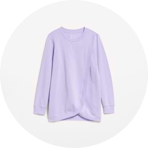 Light lavender long-sleeve crewneck top with a twist-front hem.