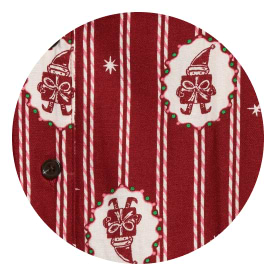Red fabric with white candy-cane stripes and scalloped ovals featuring a Santa hat and bow, with small star accents.