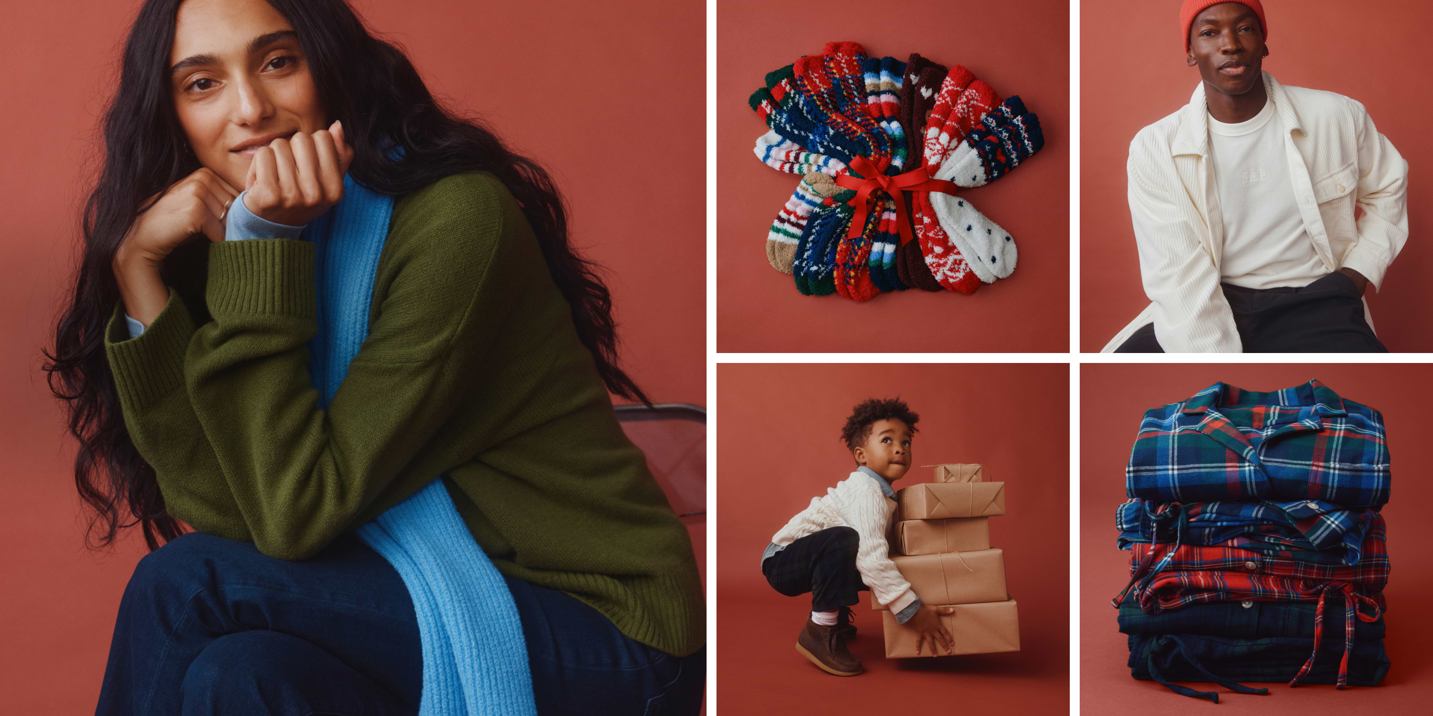 Collage on a red backdrop: a woman in a green sweater with a blue scarf smiling; a bundle of patterned winter socks tied with a red ribbon; a man in a white jacket and red beanie; a child crouching by stacked wrapped boxes; and folded stacks of plaid flannel clothing.