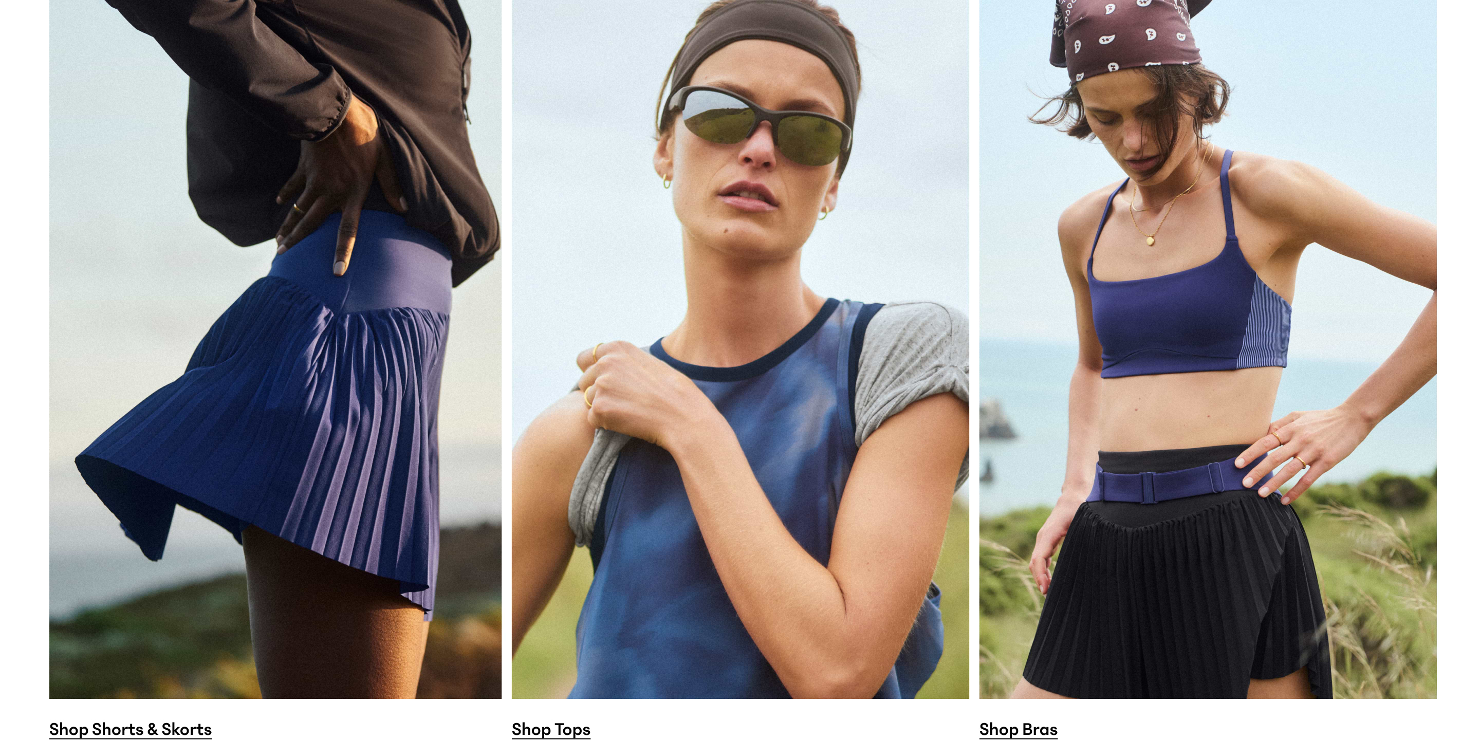 Collage of outdoor shots showing blue activewear: a pleated skort, a sleeveless top, and a sports bra with a black pleated skort by the sea.