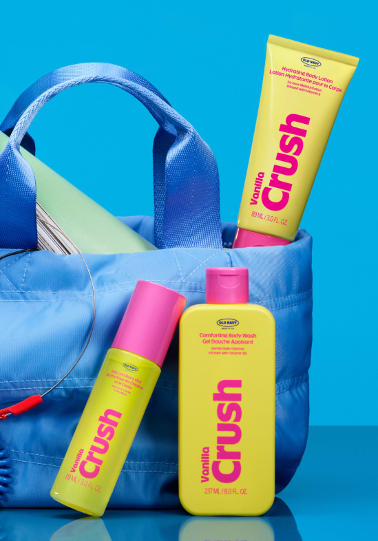 Image of different bottles of product for the Old Navy beauty collection.
