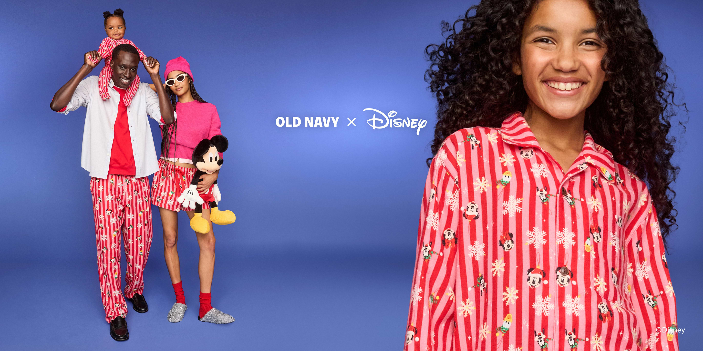 Family in matching red-and-white striped Disney pajamas; woman holds a Mickey Mouse plush; “Old Navy x Disney” text on blue background.