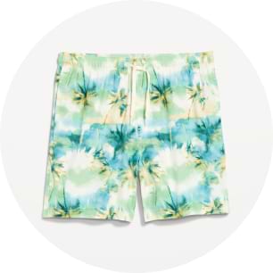 Image of multi-color tropical swim trunks.