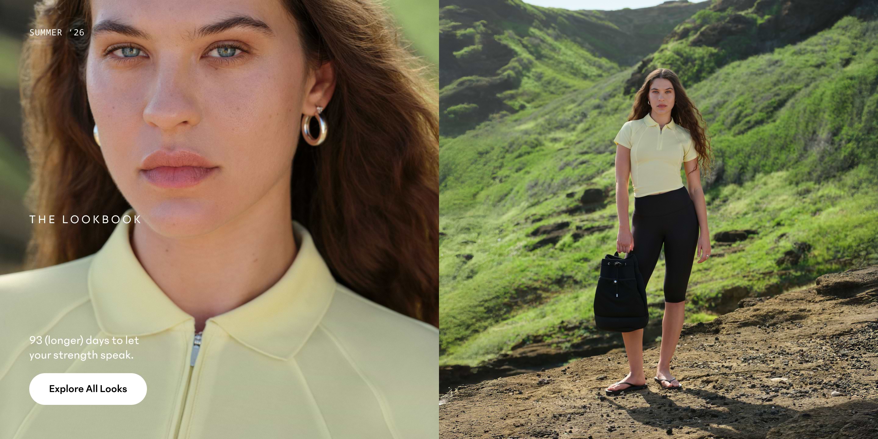 Split image: close-up of a person in a pale-yellow zip-collar top and hoop earrings; right side shows them barefoot on a grassy hillside wearing the same top with black leggings, holding a black bag.