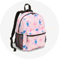 Girls pink floral print backpack with front zip pocket for school.