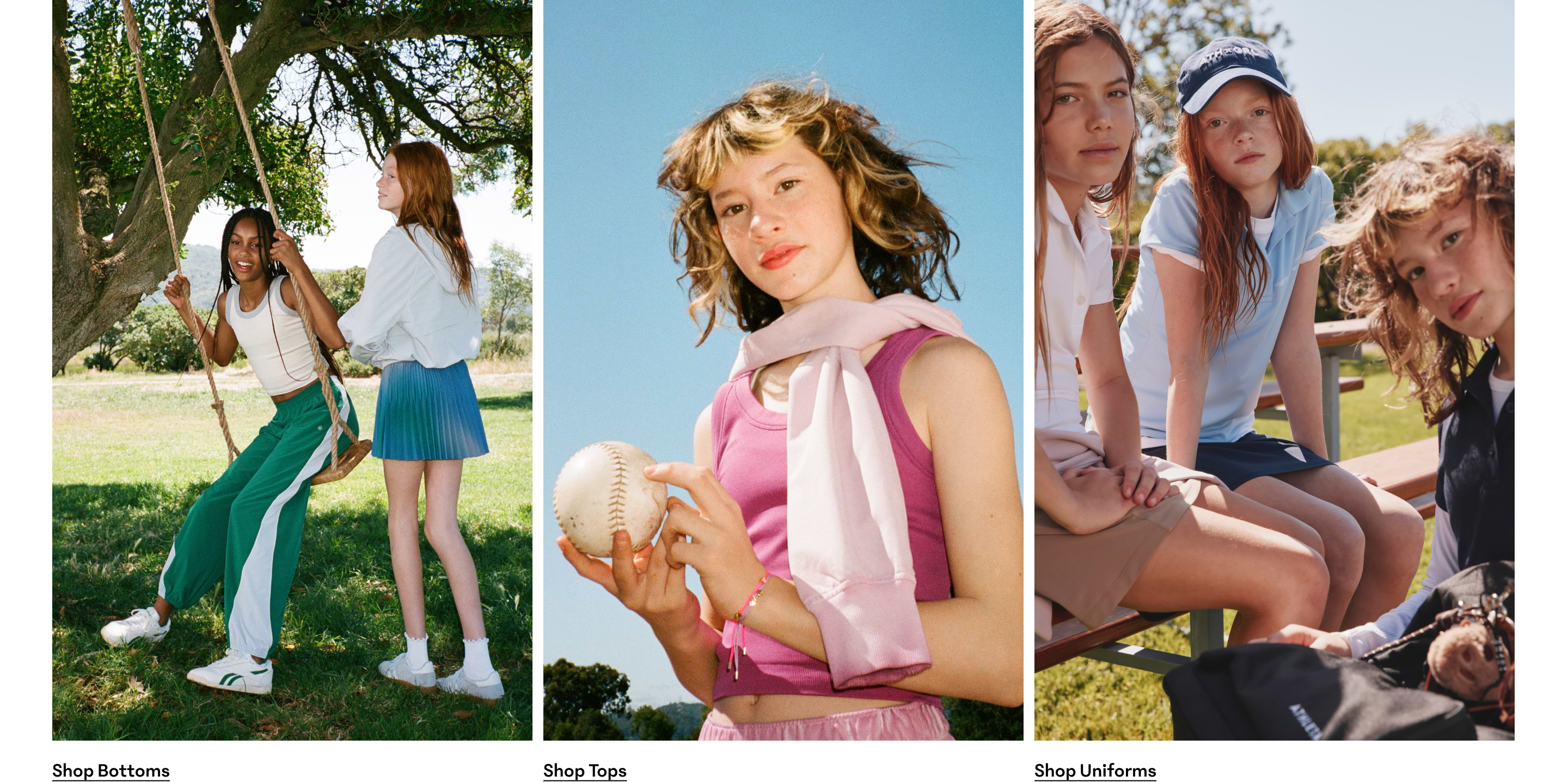 Three side-by-side outdoor photos of girls in sporty clothing: a tree swing scene, a girl holding a baseball, and three girls in polos on bleachers.