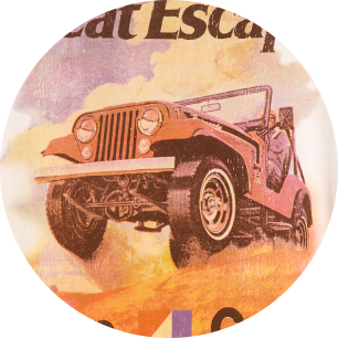 Vintage illustration of an open-top Jeep airborne over a hill, with clouds and faded text in the background.