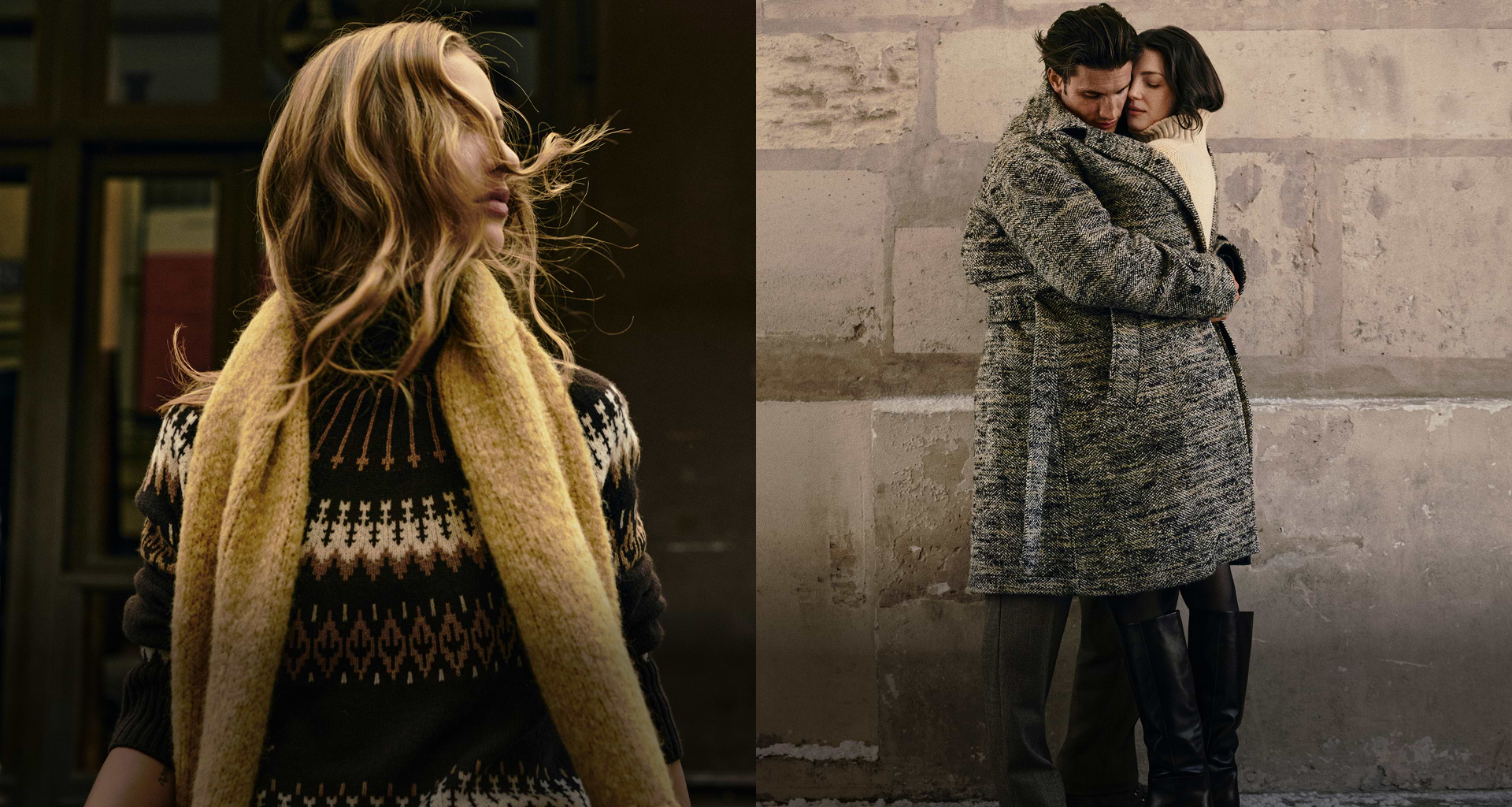 Alt text: Split image—left, a person with long hair in a patterned sweater and thick yellow scarf looks away; right, two people in long coats embrace against a stone wall.