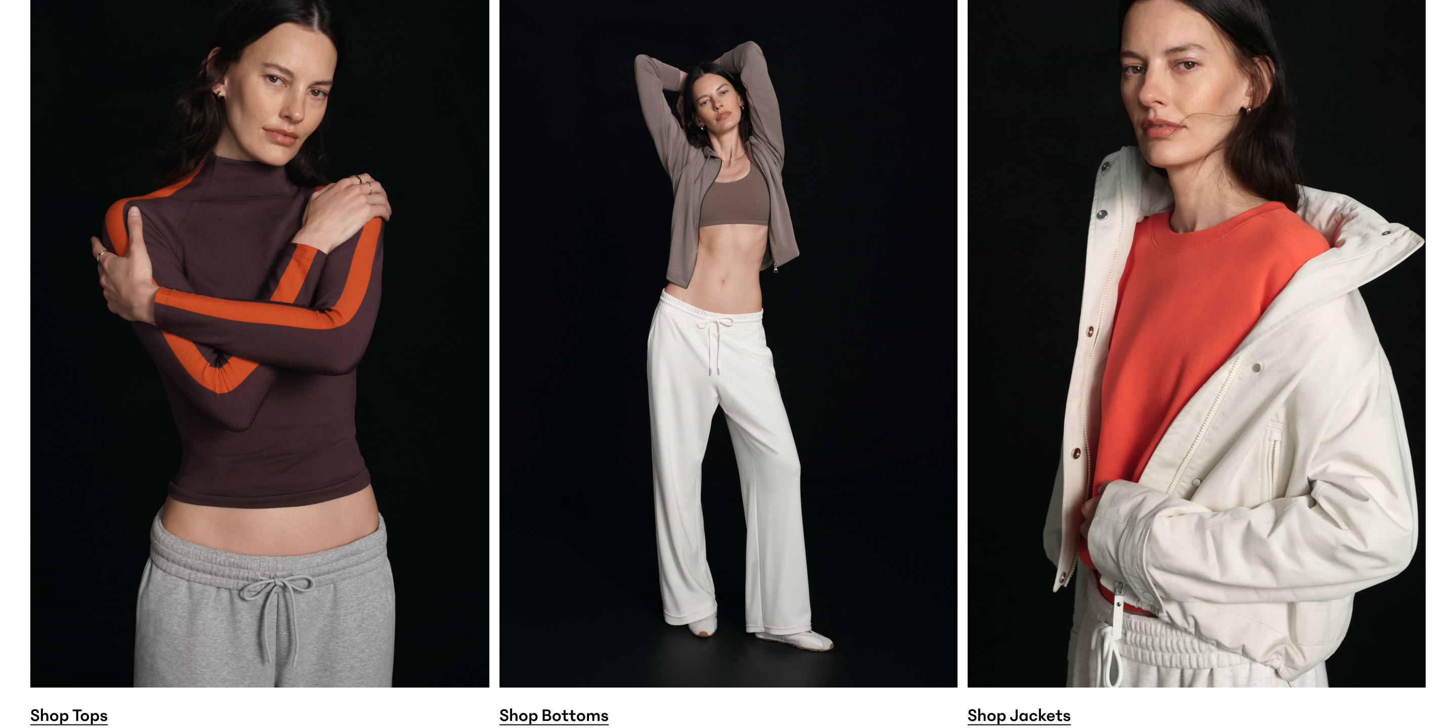 Three-panel fashion image: model in maroon long-sleeve top with orange sleeve stripes and grey joggers; center wearing taupe sports bra and hoodie with white wide-leg pants; right in white jacket over orange sweatshirt.