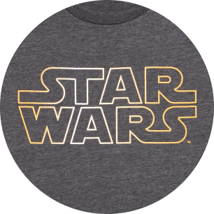 “Star Wars” logo printed on a dark gray T-shirt.