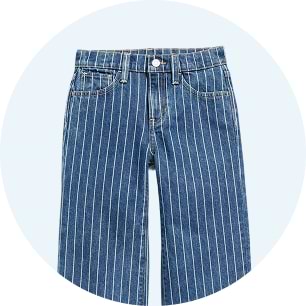 White pinstriped denim pants.