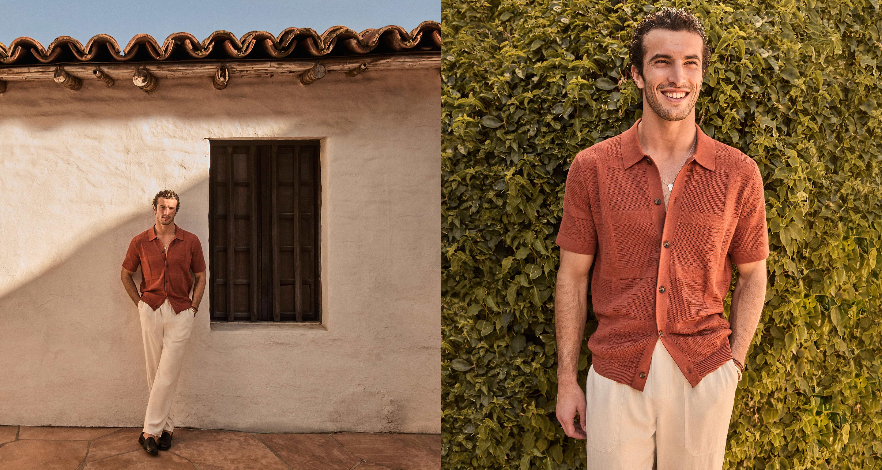Man in red linen shirt and tan linen pants.