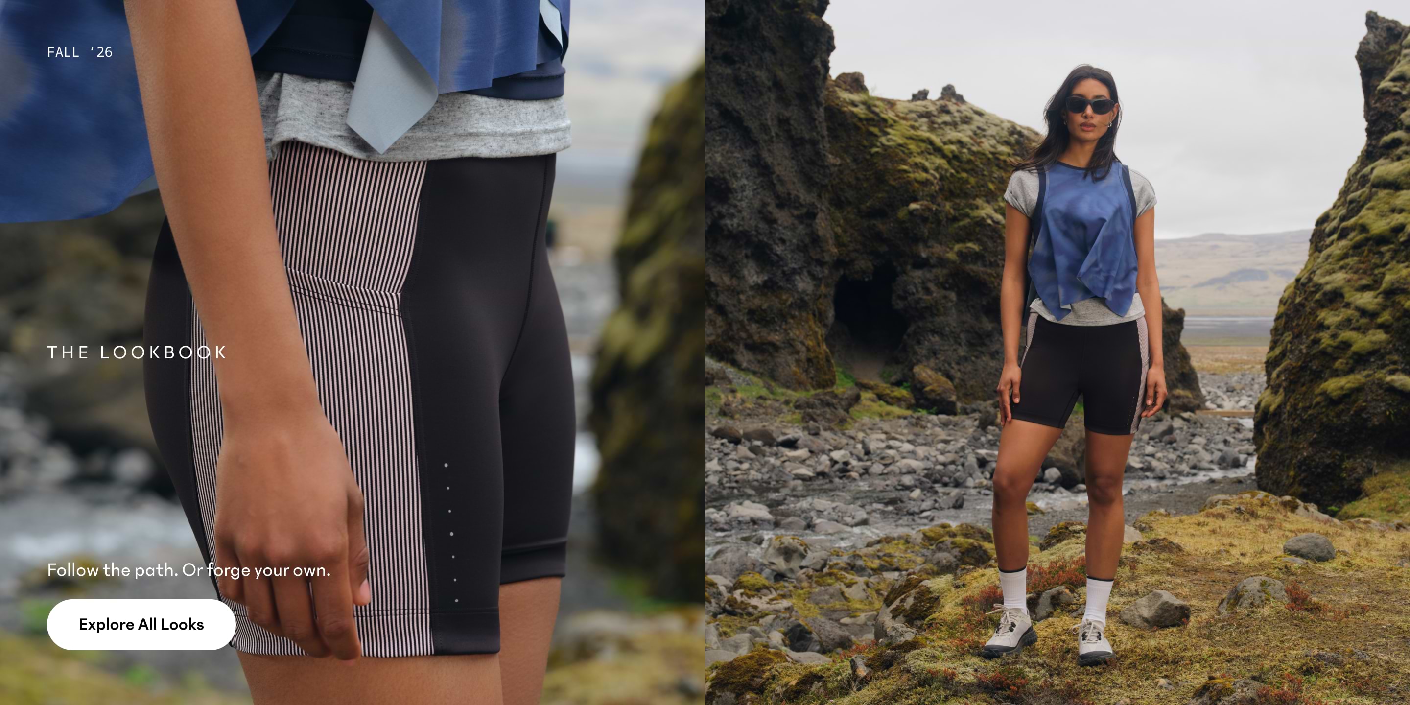 Woman in blue vest, gray tee, and black bike shorts stands among mossy rocks; left panel shows a close-up of the shorts.