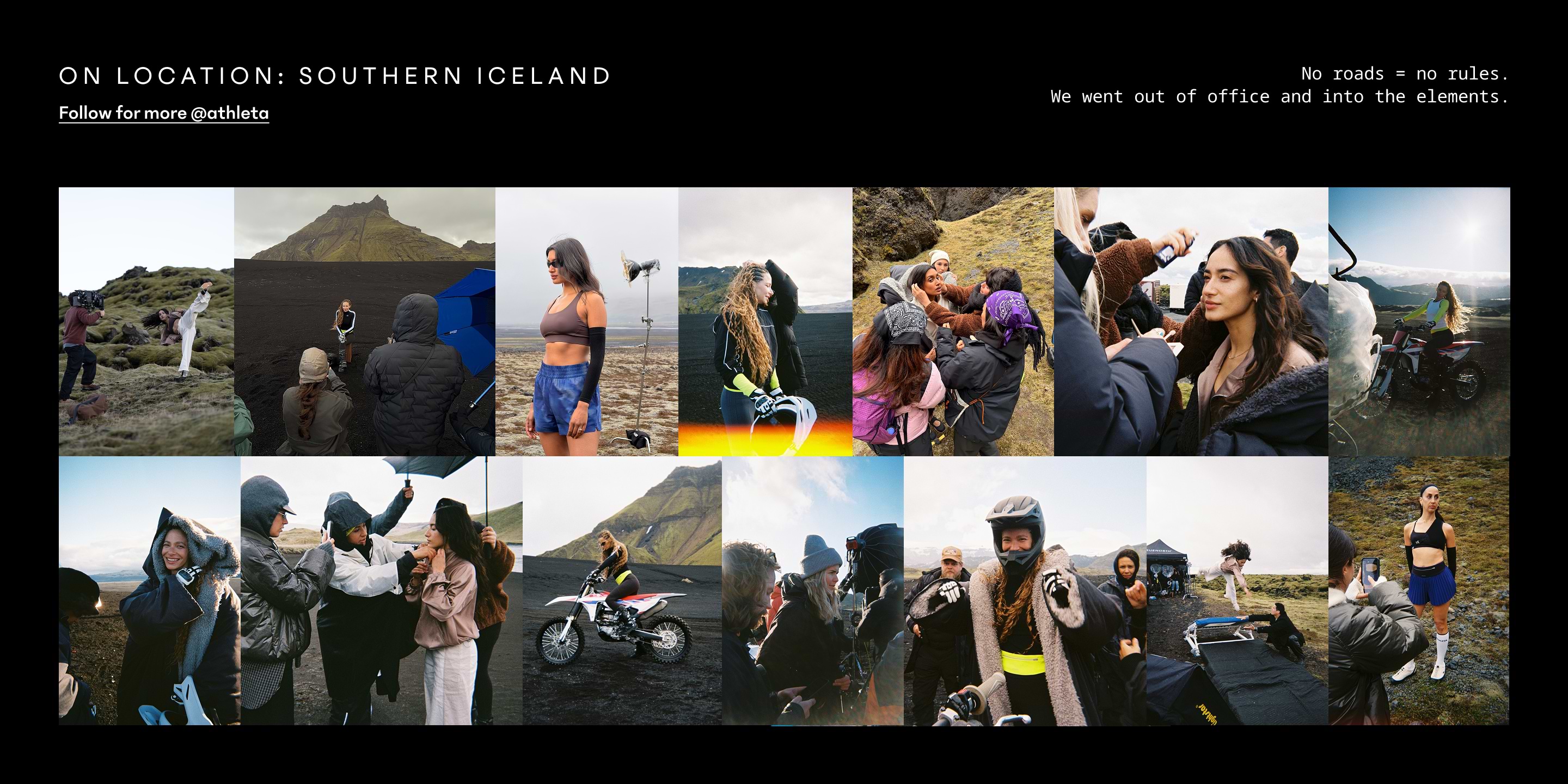 Collage of behind-the-scenes photos from a Southern Iceland photoshoot: models and crew on volcanic landscapes with wind, umbrellas, and a dirt bike; text reads “On Location: Southern Iceland” and “No roads = no rules.”