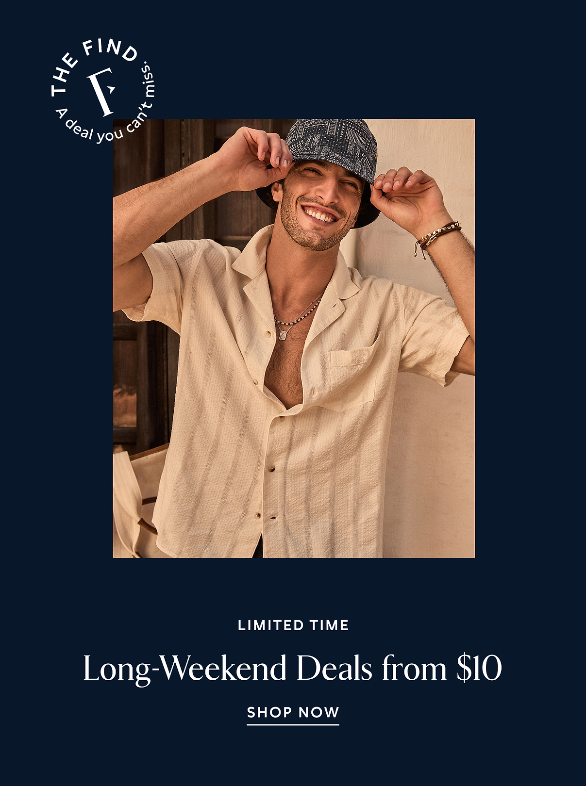 Person in a beige short‑sleeve shirt adjusting a cap. Limited time—Long‑Weekend Deals from $10. Shop now.