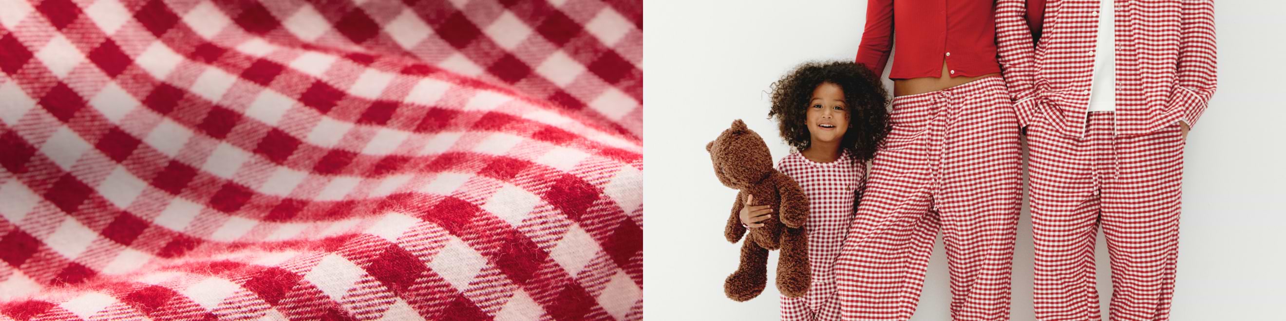 Close-up of red-and-white gingham fabric; beside it, a child holding a teddy bear stands with two adults in matching gingham pajamas.