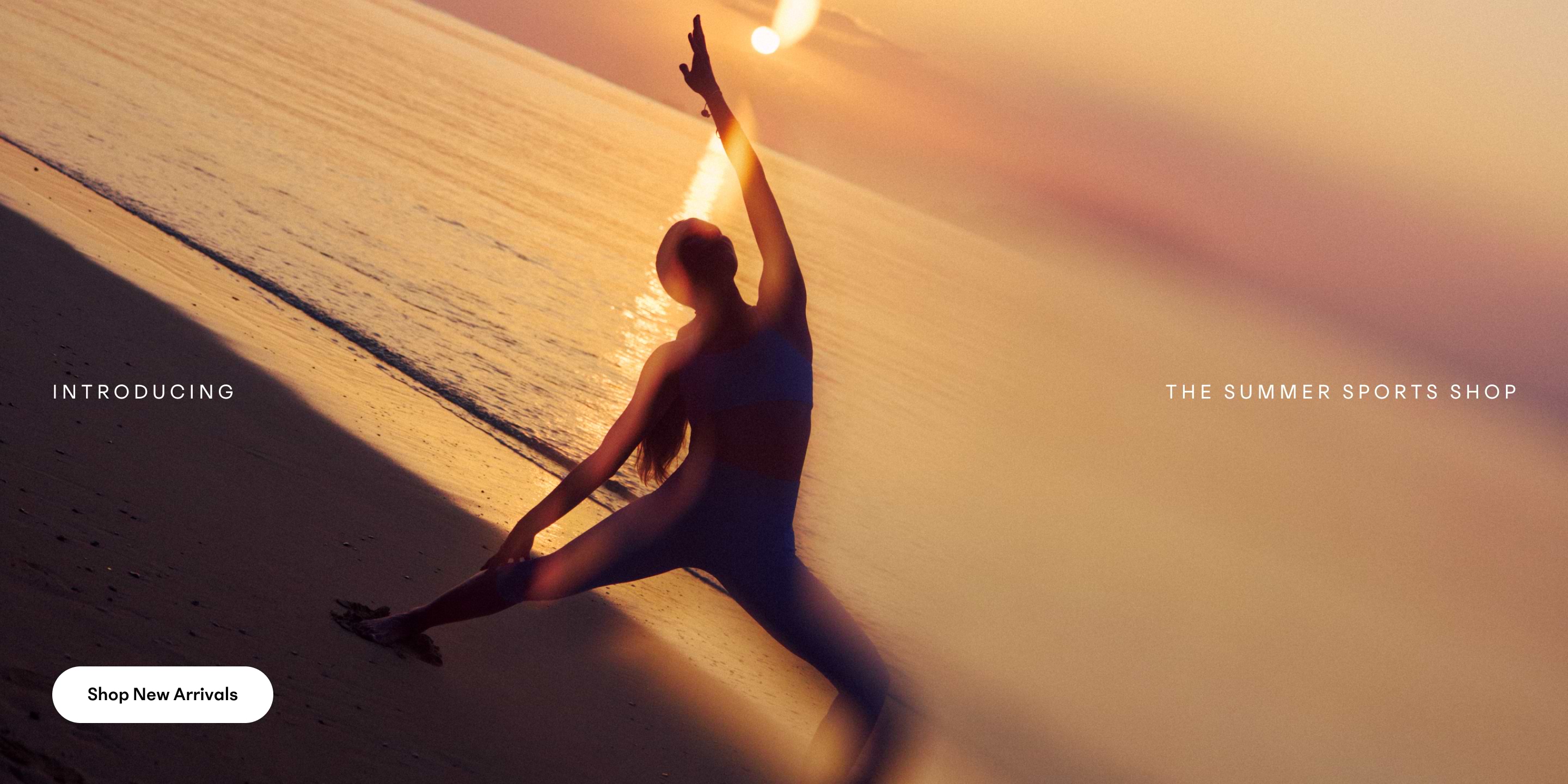 Silhouetted person stretching on a beach at sunset; Summer Sports Shop banner.