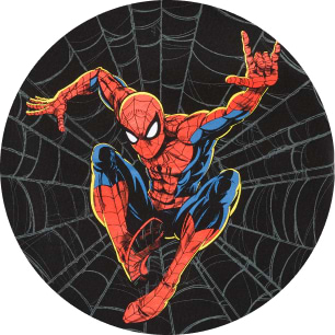 Spider-Man mid-leap in a web-slinging pose against a black spiderweb background.