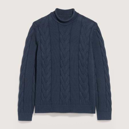 Blue cable-knit turtleneck sweater with ribbed cuffs and hem.
