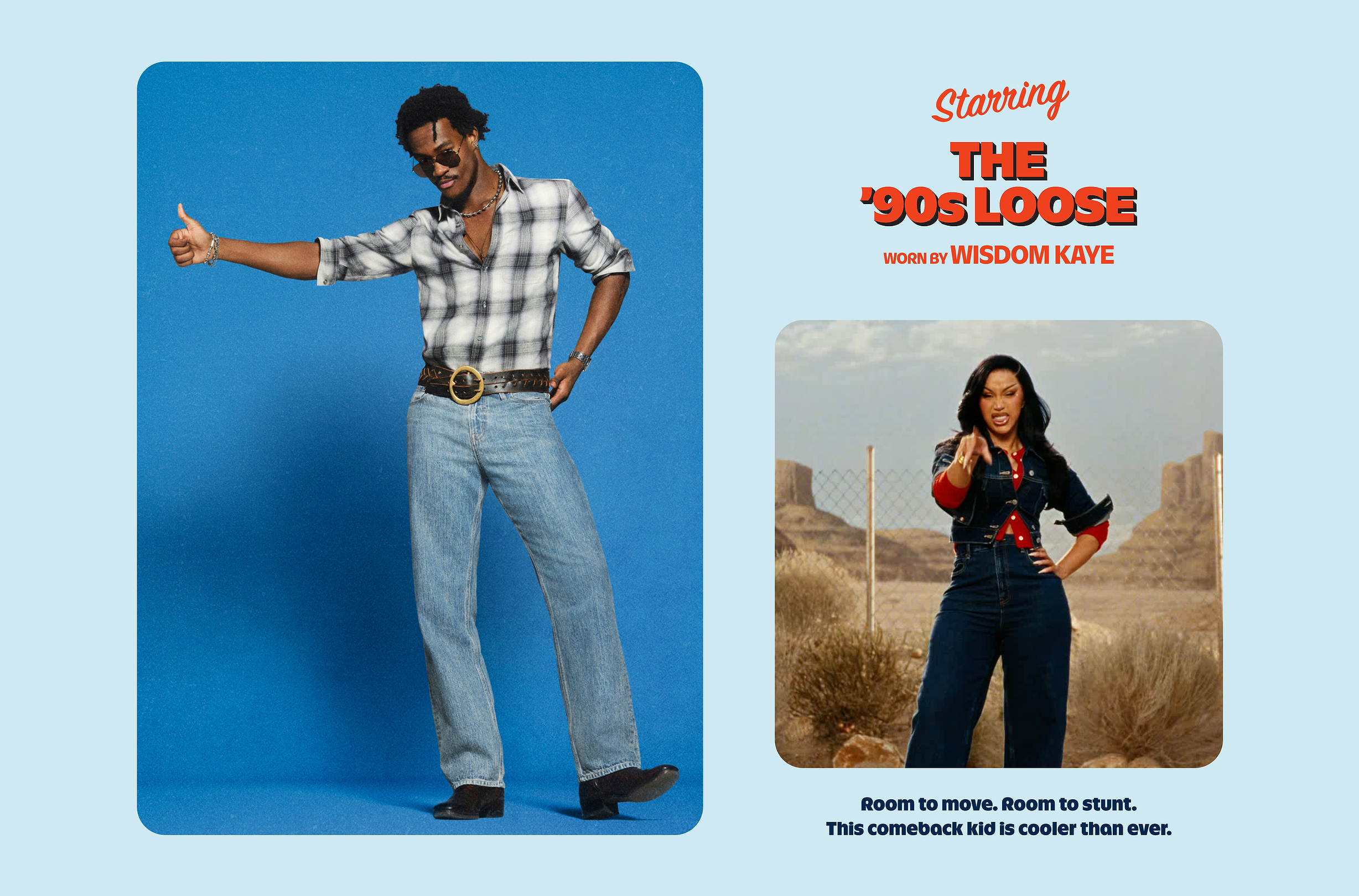 Ad for ’90s Loose jeans: one model in a plaid shirt and light‑wash loose jeans gives a thumbs‑up on a blue backdrop; another in dark denim poses in a desert scene. Headline reads “Starring the ’90s Loose.”