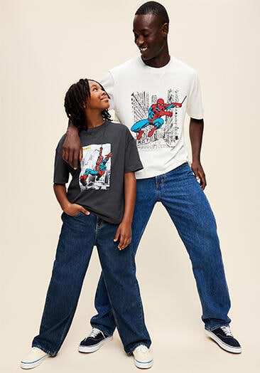 Image of a male model and boy model wearing the Old Navy x Marvel Spider-man collection.