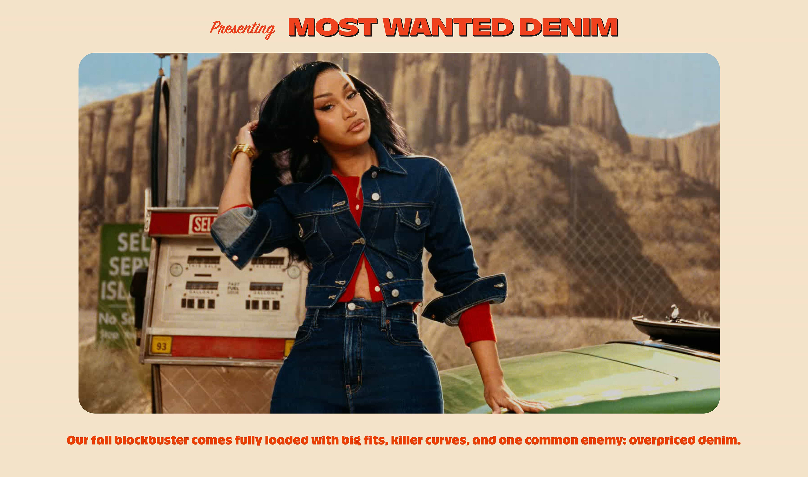 Old Navy “Most Wanted Denim” ad: person in dark denim at a desert gas station, leaning on a green car.