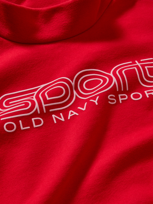 Close-up of a red sweatshirt with white “sport” and “OLD NAVY SPORT” logo.