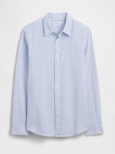 Light blue and white striped long-sleeve collared button-up shirt on a plain background.