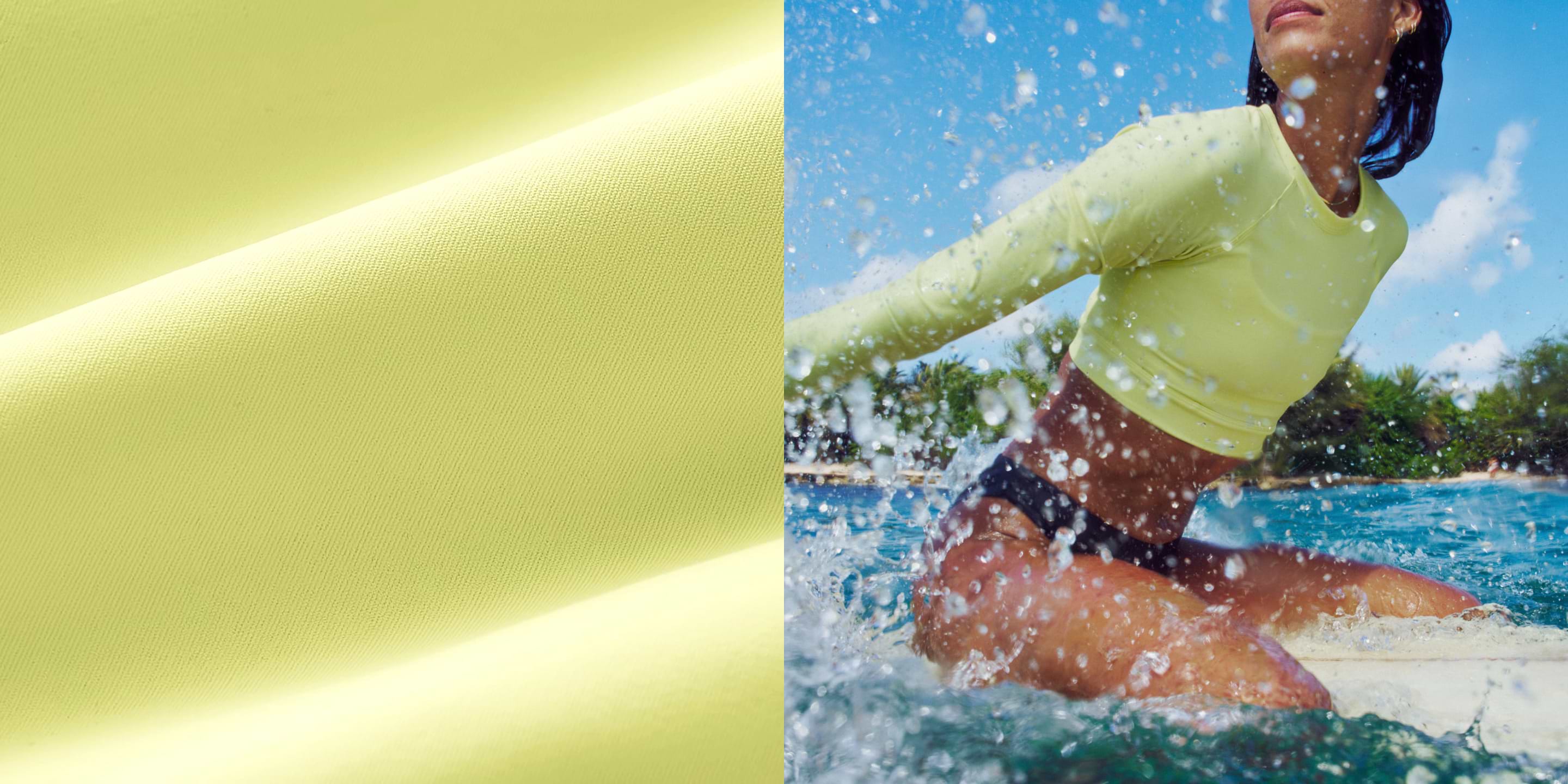 Split image: close-up of pale yellow fabric; right, a person in a pale yellow long‑sleeve top surfing amid splashing water.