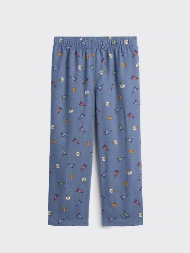 Blue pajama pants with an elastic waistband and a scattered print of multicolored pennants and footballs.