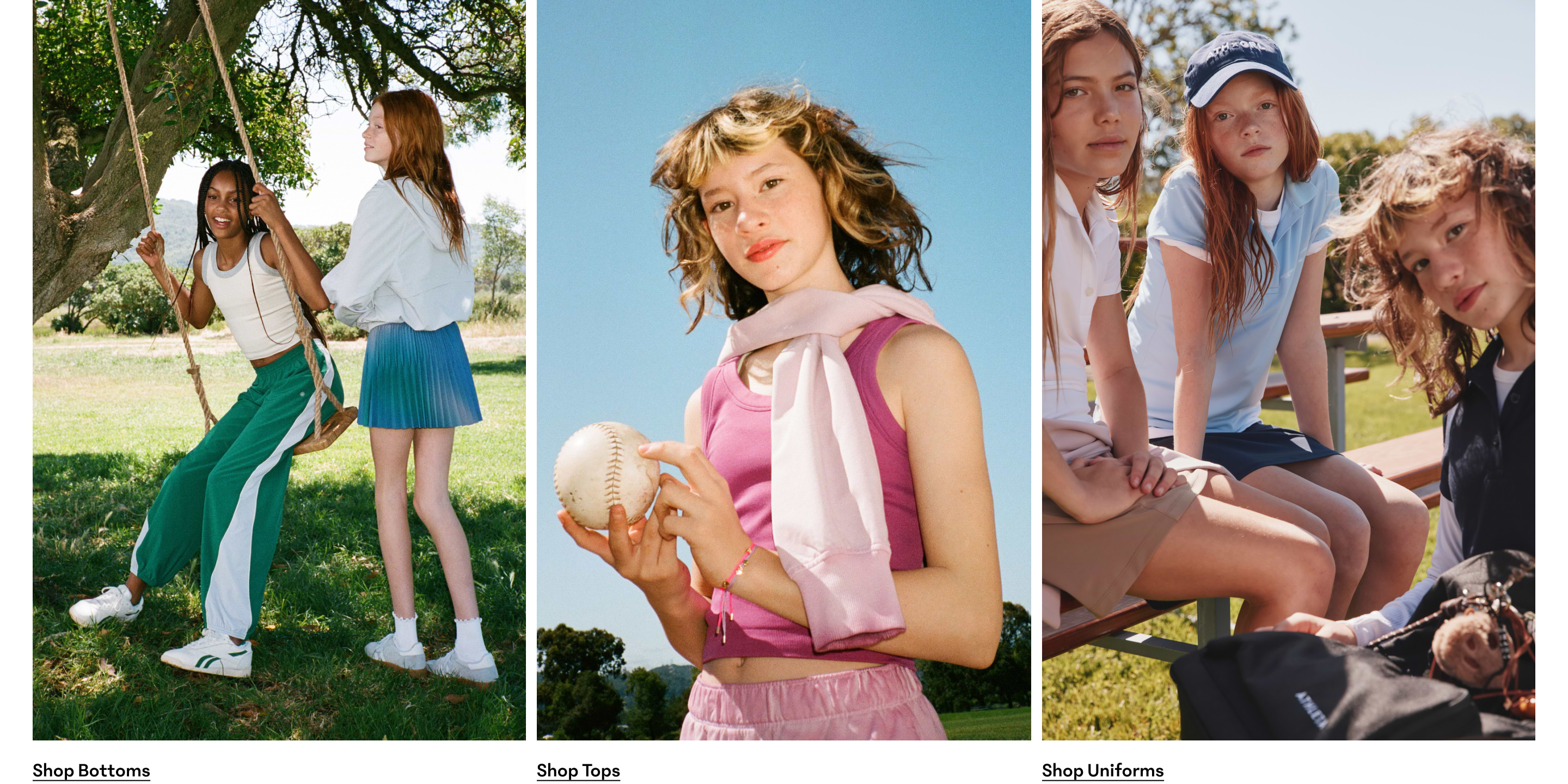 Outdoor collage of girls in sporty and uniform outfits—one on a tree swing, one holding a baseball, and a group on bleachers.