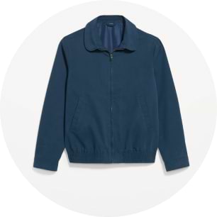 Image of dark blue zip-up jacket.