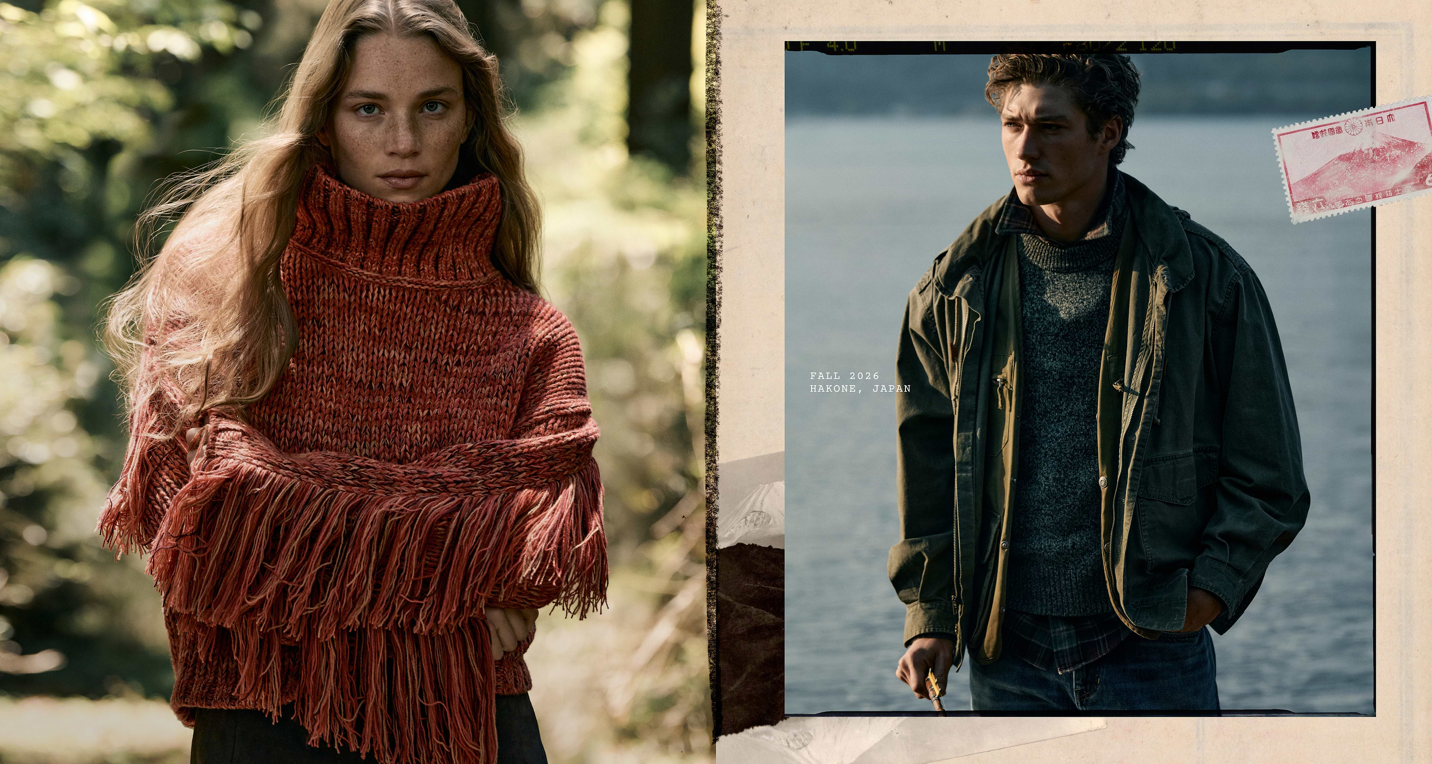 Split image of fall fashion: left, a person in a rust-red fringed turtleneck sweater in a forest; right, a person in a green field jacket and gray knit by a lake with the text “Fall 2026, Hakone, Japan.”