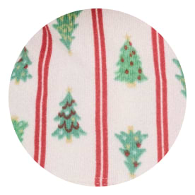 Pattern of small green Christmas trees between vertical red stripes on a white fabric background.