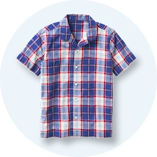 Red, white and blue plaid short sleeve button down shirt.
