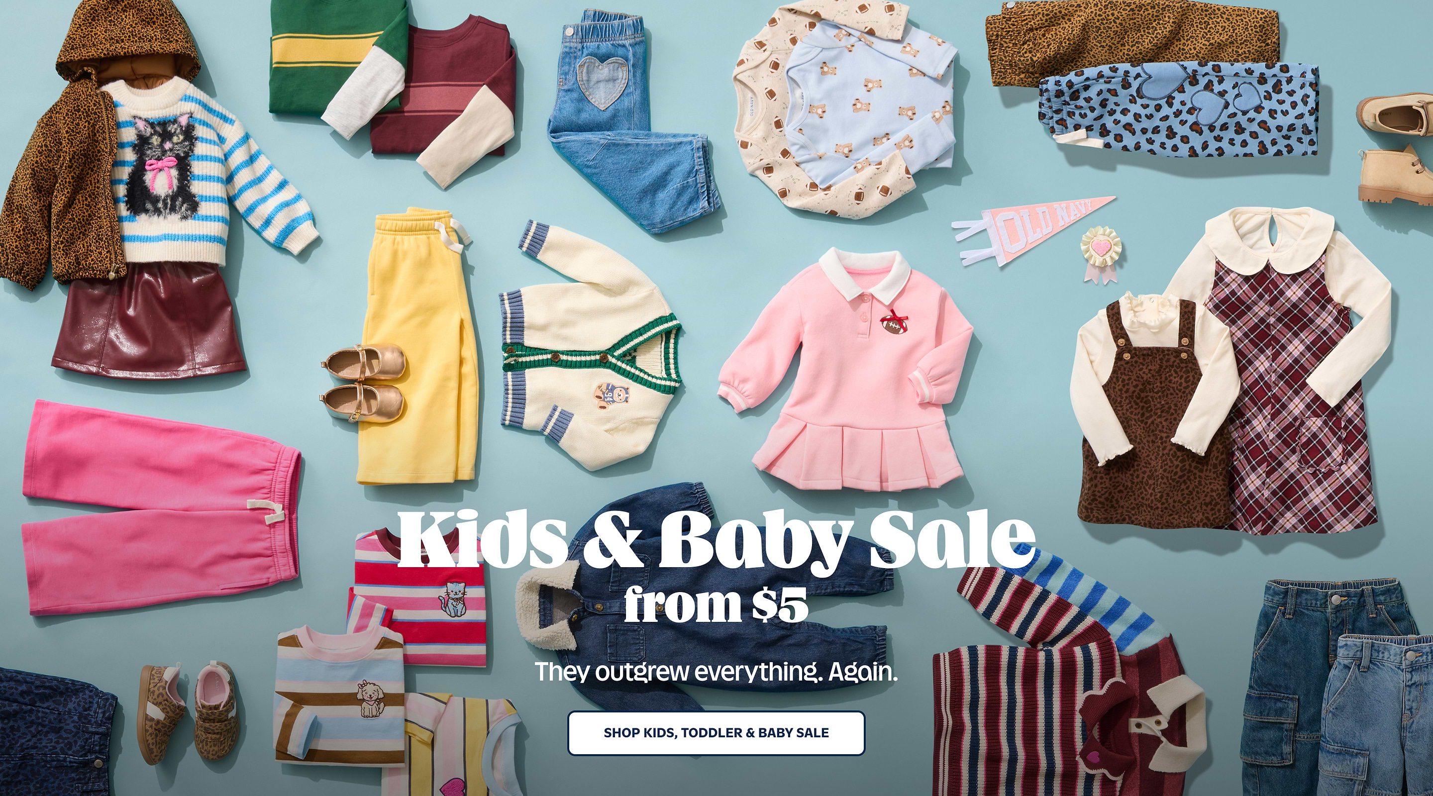 Assorted kids and baby outfits on a blue background; text reads “Kids & Baby Sale from $5” with a “Shop Kids, Toddler & Baby Sale” button.