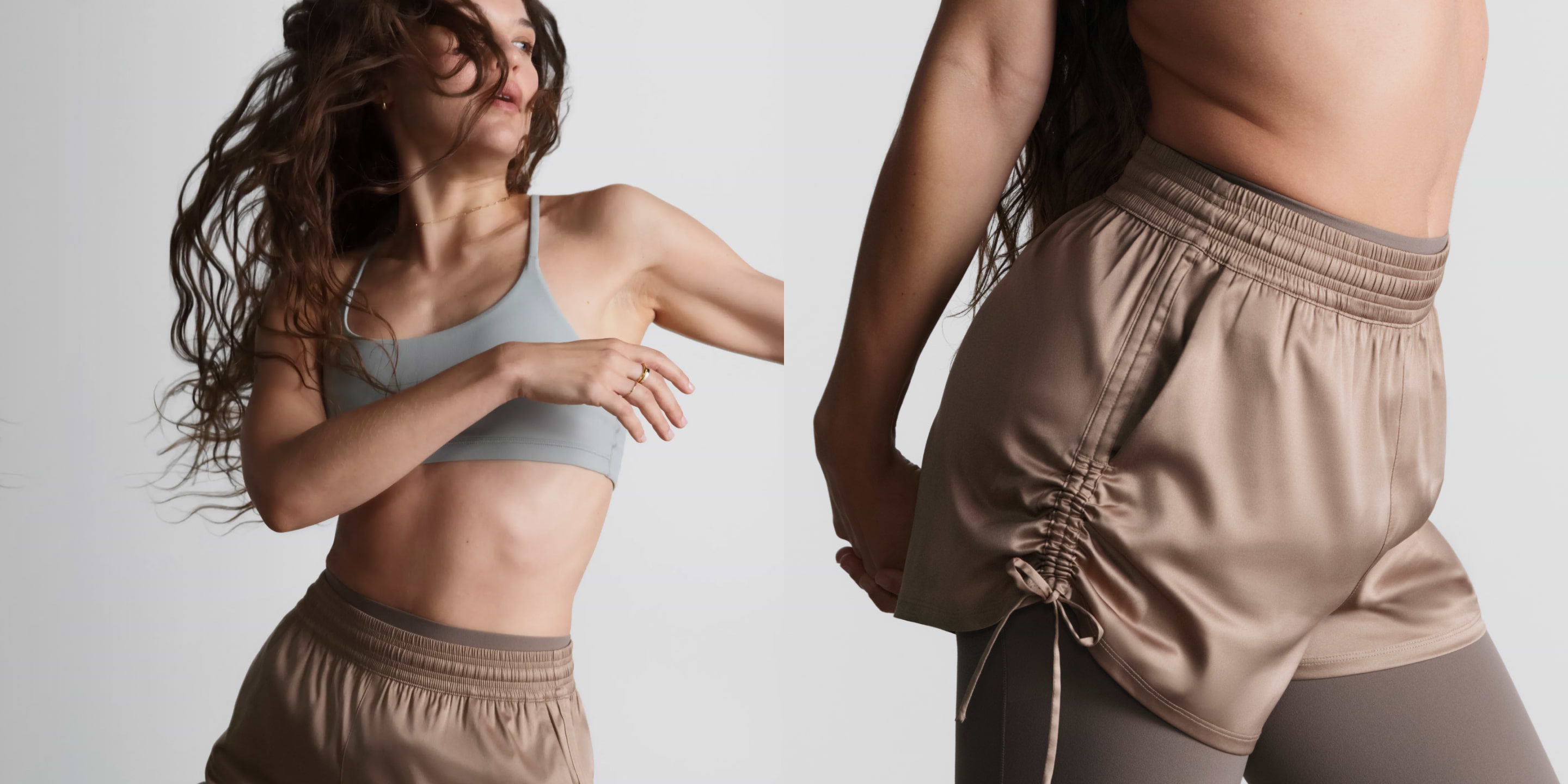 Two-panel image of activewear: a person moving in a gray sports bra and beige shorts; close-up shows ruched drawstring satin shorts over leggings.