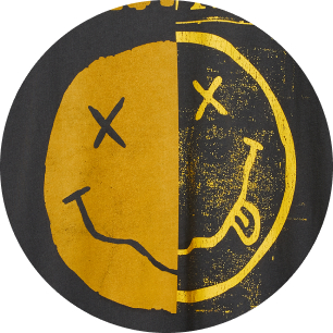 Yellow grunge smiley with X eyes and a lolling tongue, split vertically on a dark circle.