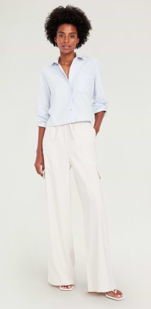 A female model wearing high-waisted sleektech cargo pants.