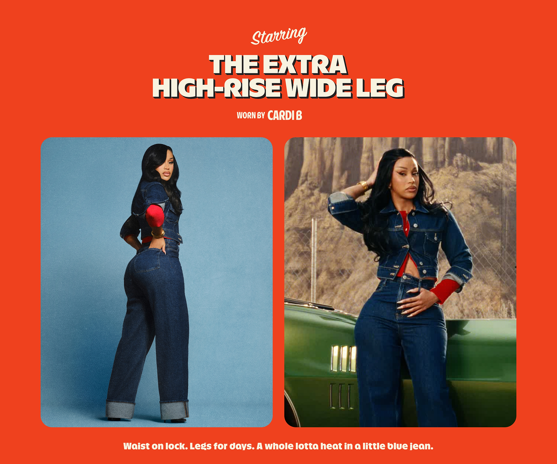 Two‑panel ad for “The Extra High‑Rise Wide Leg” jeans: a woman in dark denim models wide‑leg, high‑rise jeans—left against a blue studio backdrop, right leaning on a green car in a desert scene.
