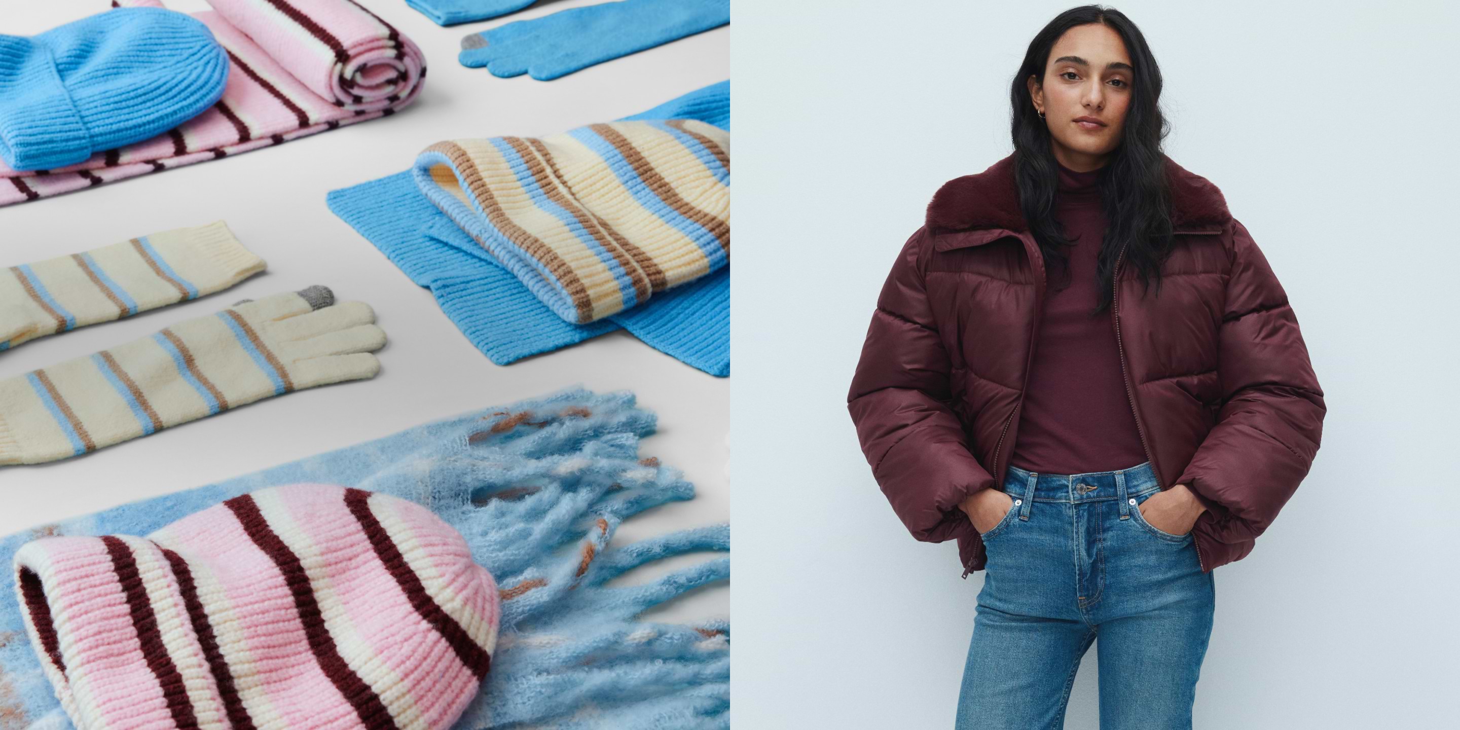 Flat lay of striped knit hats, scarves, and gloves in blue, cream, pink, and brown beside a person wearing a burgundy puffer jacket, maroon turtleneck, and blue jeans against a light background.