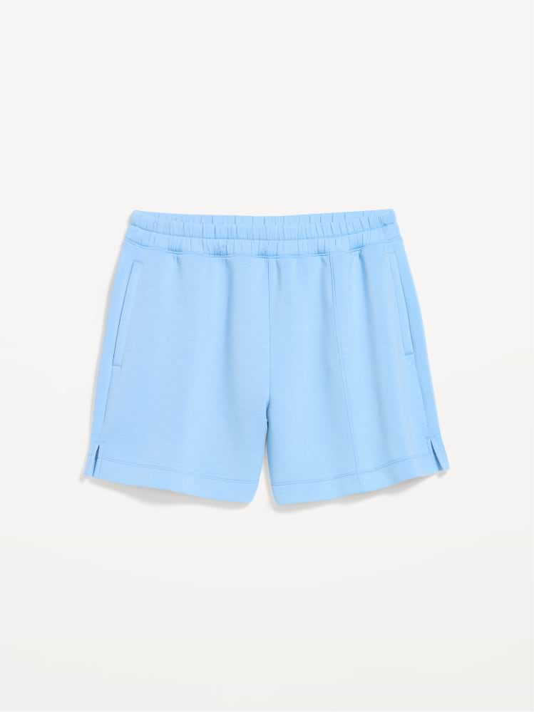 Light blue casual shorts with elastic waistband, slanted side pockets, and small side slits.