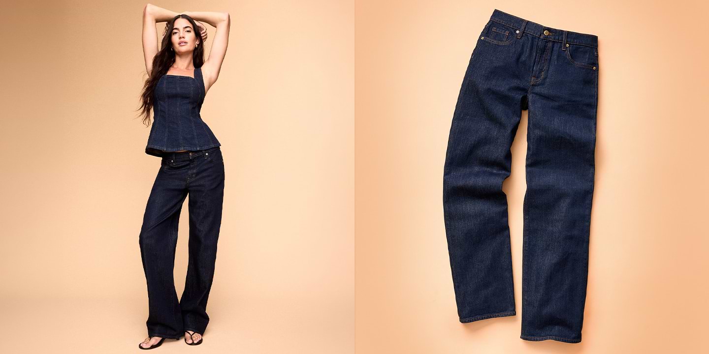 Split image: model in dark indigo denim top and wide‑leg jeans on left; flat‑lay of dark indigo jeans on right. Overlay text reads “Go For Indigo.”