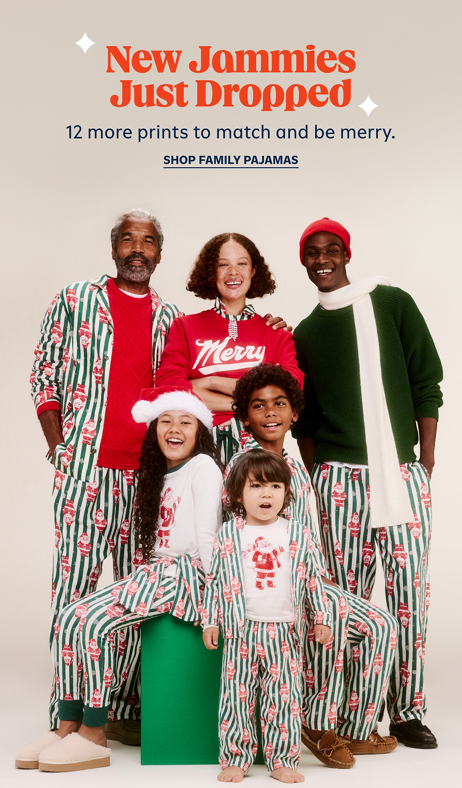 Holiday ad showing six people in matching green-and-white striped Santa pajamas, smiling. Text: “New Jammies Just Dropped—12 more prints to match and be merry. Shop family pajamas.”