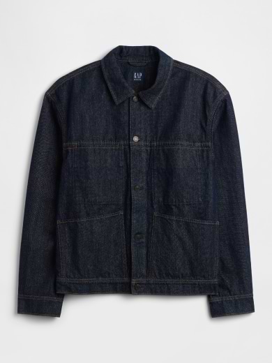 Dark-wash denim jacket with button front, shirt collar, and two large patch pockets.