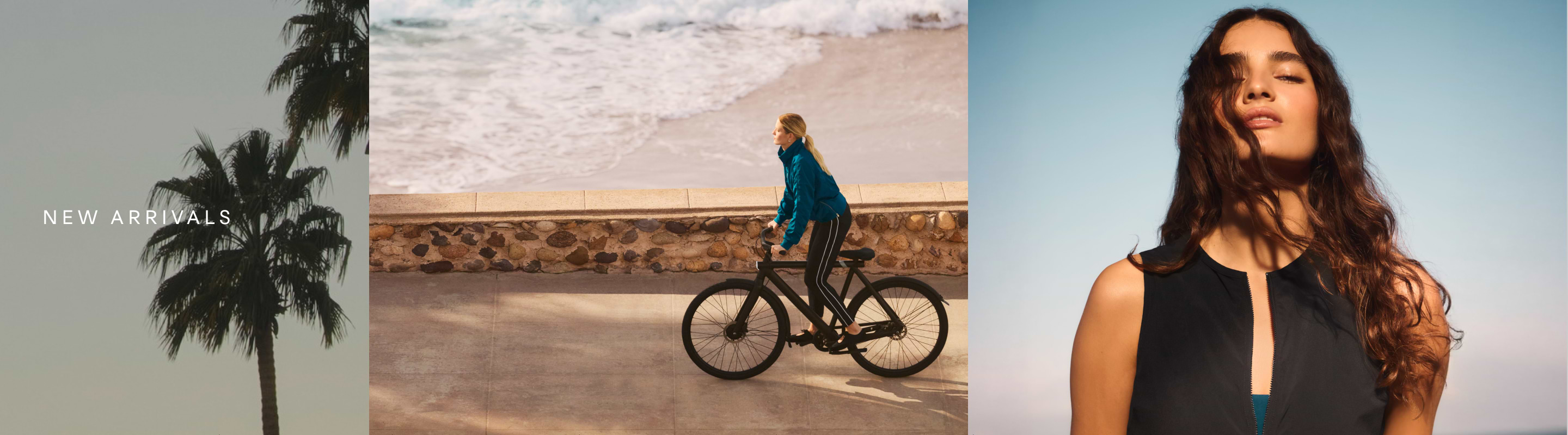 a woman riding a bike next to a palm tree and a woman on a surfboard