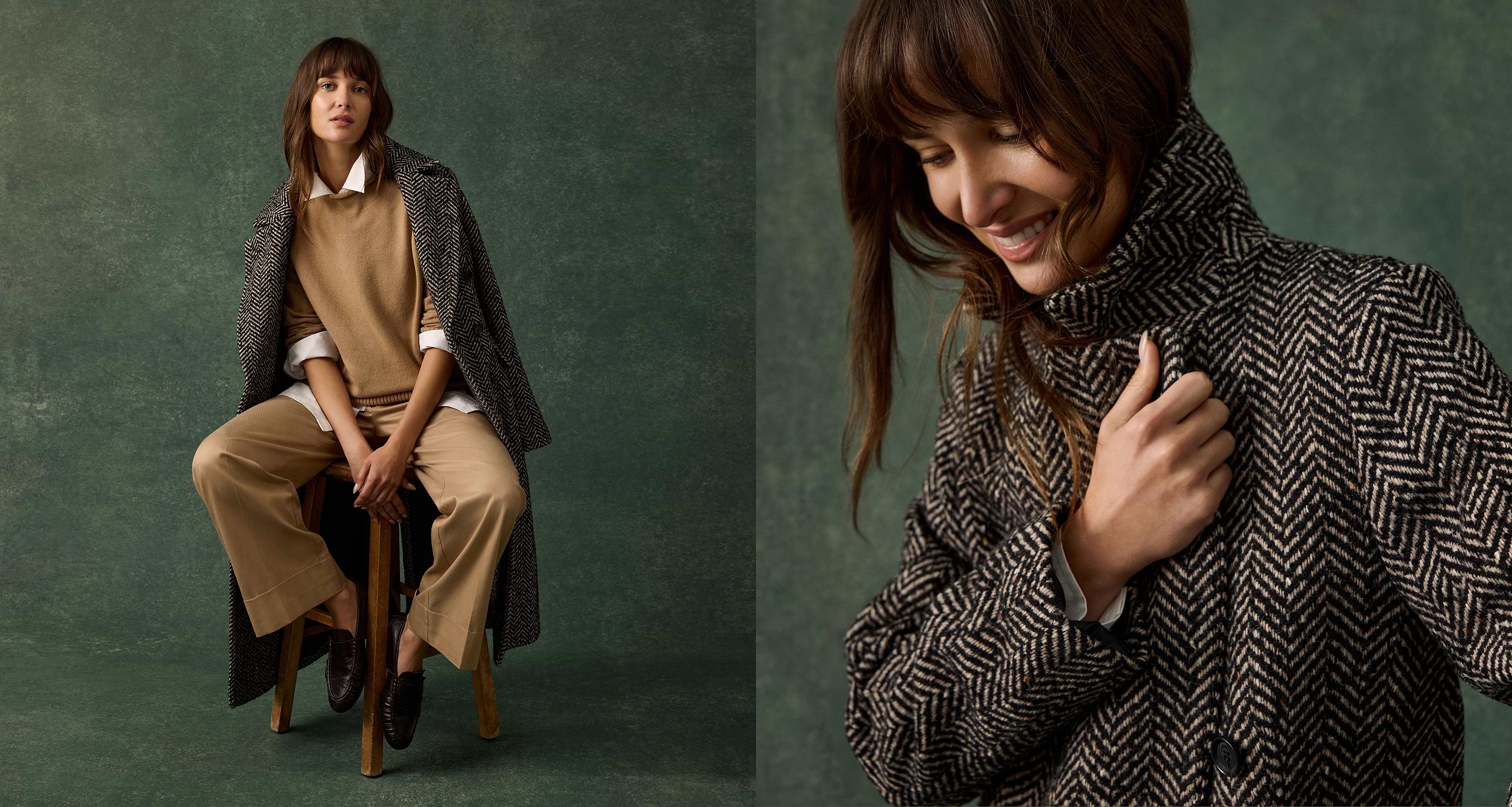 Split image: woman in a camel sweater and trousers with a black‑and‑cream herringbone coat; left seated on a stool, right a close‑up, green backdrop.