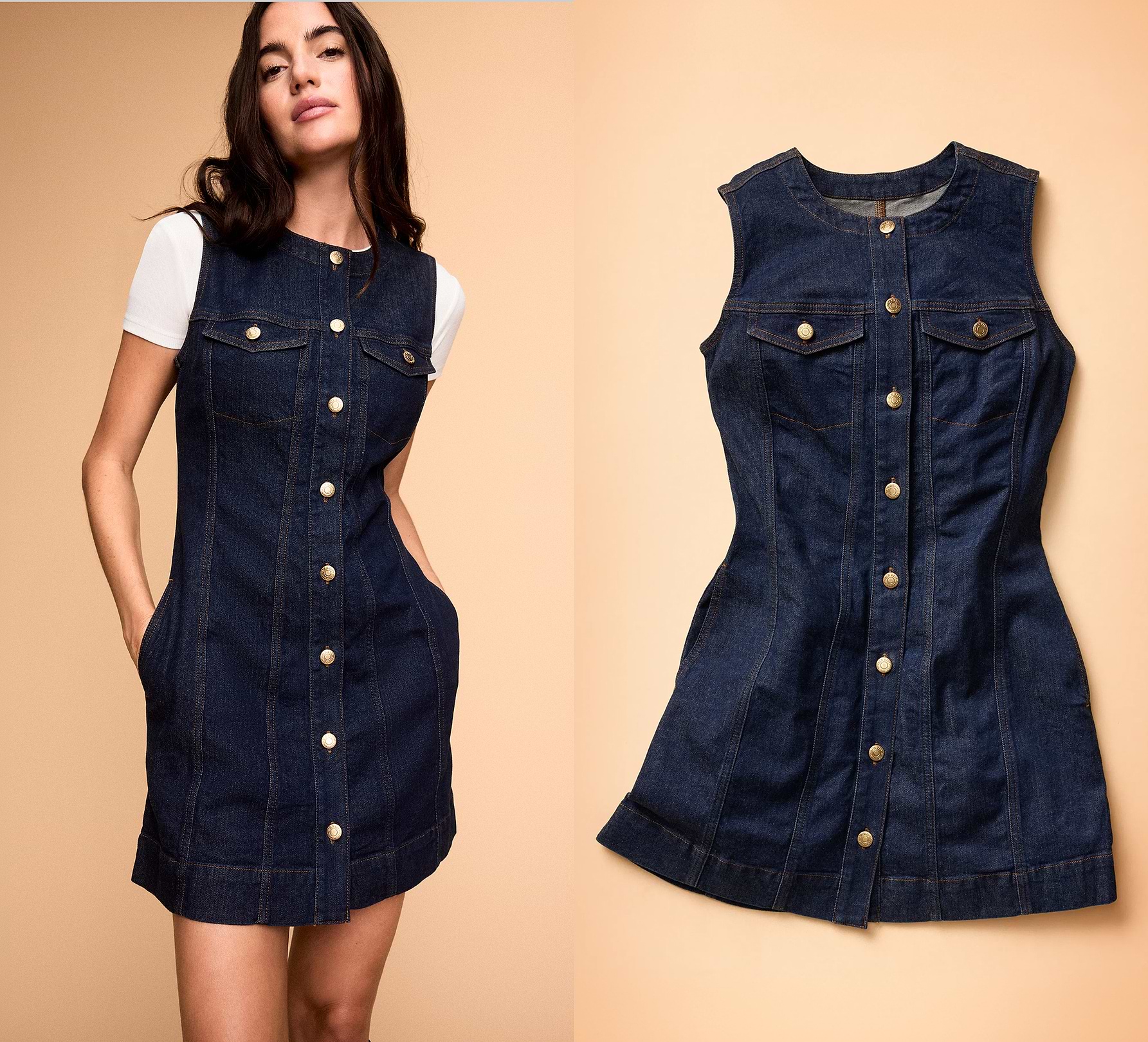 Dark indigo sleeveless denim mini dress with gold button front, flap chest pockets, and side pockets; shown on a person over a white tee and as a flat lay.