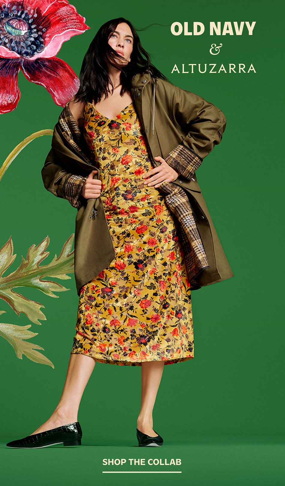 Smiling child in a pink floral ruffle dress and ballet flats holds an adult’s hand; text reads “Old Navy & Altuzarra – Shop the Collab.”