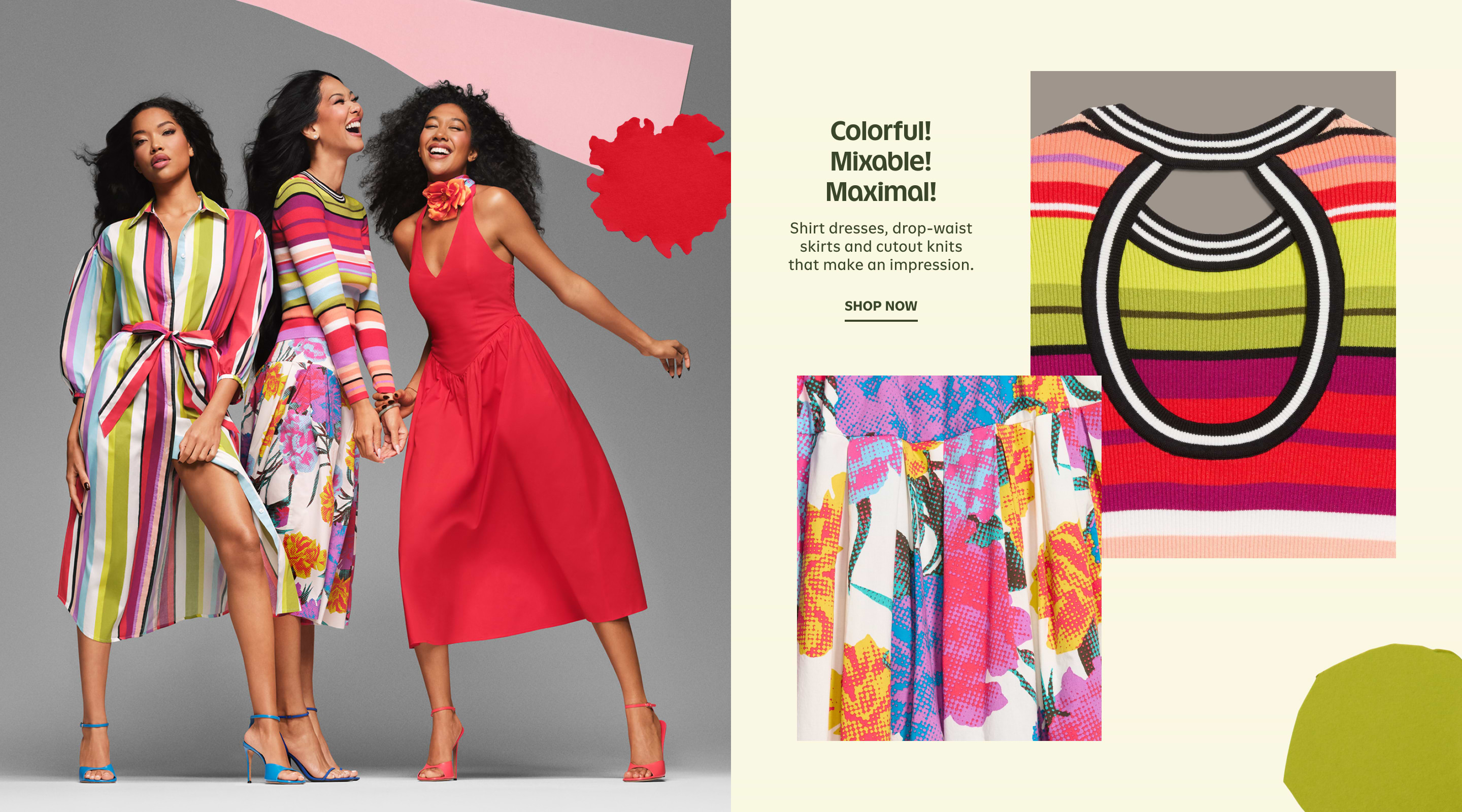 two women in colorful dresses posing for a magazine advertisement
